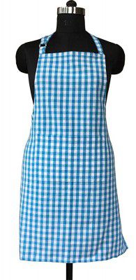 Lushomes Cotton Blue Checks Kitchen Chef Apron with Pocket (Pack of 1)