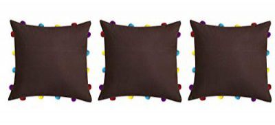 Lushomes Cushion Cover 14x14, Boho Cushion Covers, Sofa Pillow Cover, Cushion Covers with Tassels, Cushion Cover with pom pom (14x14 Inches, Set of 3,Brown)