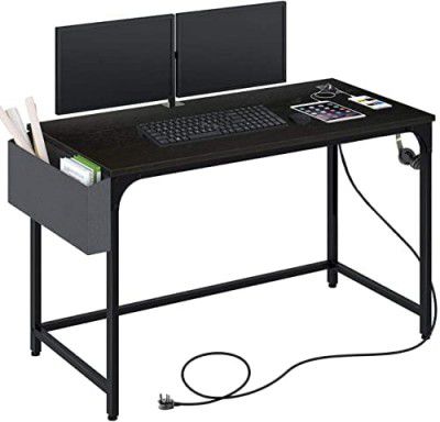 LushTree 47" Computer Desk with Power Outlet, Home Office Desktop Table with USB Ports & Socket with Side Storage Bag & Iron Hooks (Black)
