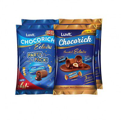LuvIt Chocorich Assorted Eclairs Birthday Party Gift Chocolate Combo - Hazelnut, Dark Choco, Classic & Chocorich Chocolate Eclairs 1807gm - Pack of 4