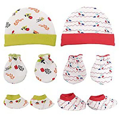 LuvLap 100% Cotton Baby Caps Mittens and Booties Combo Set Pack of 2 