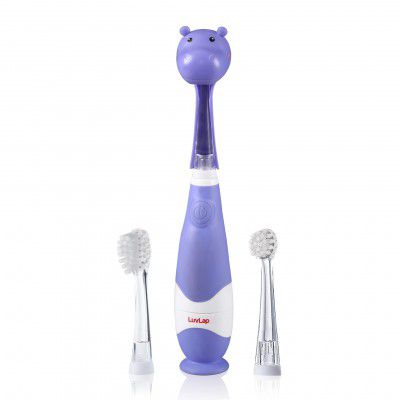 LuvLap Hippo Joy Baby Sonic Toothbrush, Includes 2 Sensitive Brush Heads, Hippo shaped bristle protector, Purple