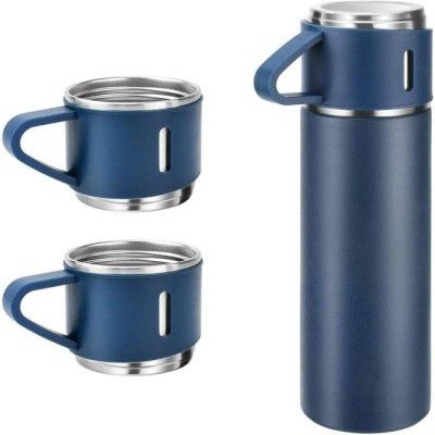 LUXAZA STAINLESS STEEL 3Cup set for Hot & Cold Drink 500 ml Flask  (Pack of 1, Blue, Steel)
