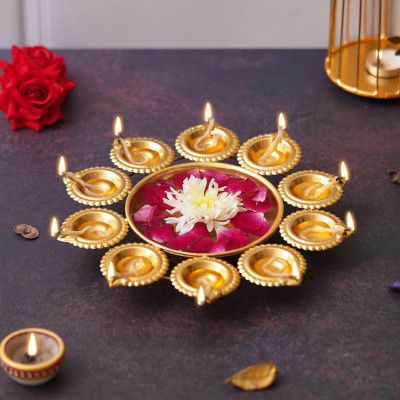 LUXURY LODGE Diya Shape Flower Decorative Urli Bowl for Home (10 Inches)