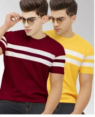 M Queen Boys Striped Cotton Blend T Shirt (Multicolor, Pack of 2)