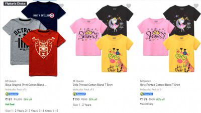M Queen Kids T Shirts Pack Of 3 Starts ₹154