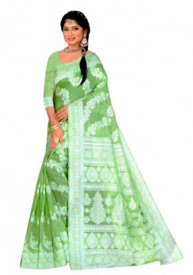 MAA DANTESHWARI FASHION Stylish Women's Floral Printed Cotton Organza Saree with Blouse Piece, Green