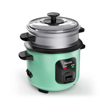 Macook Mini Rice Cooker 0.6 Liter & Food Steamer, with Aluminum Cooking Pans, Nonstick Cooking Pans and Cooking Plate, Baby Food/Travel Small Electric Rice Cooker 3 Cup (6 Cups Cooked) Green