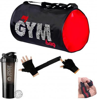Madhubala Gym Bag with Spider Bottle and Wrist Support & Gym Gloves Home Kit (Multicolor)