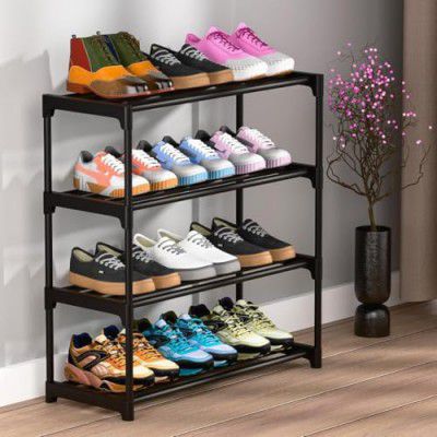 Magic.ly MAGICLY 4 Shelves Shoes Rack for Home Plastic, 4 Tier Shoe Rack with Shelf, Folding for Bedroom, Book Shelf, Footwear Stand (Black 4 TIRE)