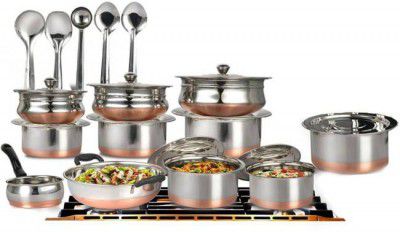 Mahavir 20 Pcs Copper Base Cook & Serve Set + 5 Pcs Kitchen Tools Cookware Set  (Stainless Steel, 25 - Piece)