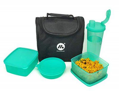 Mahaware Feast Plastic Lunch Box Set with Insulated Lunch Bag, Set of 4, Green