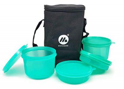 Mahaware's Multi Decker Plastic Lunch Box Set with Insulated Lunch Bag, Set of 4, Green