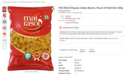 MAI RASOI Regular Indian Raisins, Pouch of Kishmish 500g