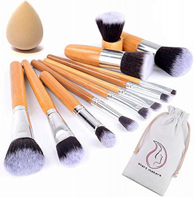 Makeup Brushes Bamboo Makeup Brush Set - START MAKERS 11Pcs Make Up Brushes with Makeup Sponges Premium Foundation Powder Concealer Contour Eyeshadow Brush Travel Kit