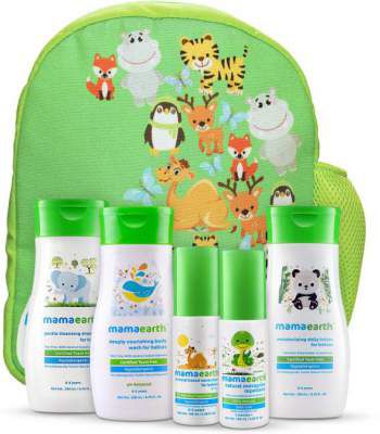 Mamaearth Complete Baby Care Kit with Baby Lotion, Shampoo, Body Wash, Mosquito Repellent & Sunscreen in an amazing water proof baby bag (White)
