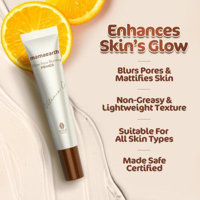 Mamaearth Glow Pore Blurring Primer with Vitamin C & Turmeric - 25 g | Enhances Skin’s Glow | Blurs Pores | Helps Makeup Last Long