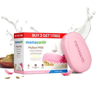 Mamaearth Multani Mitti Moisturizing Lotion Soap with Rose for Oil Control & Acne | (125 gm x 4)