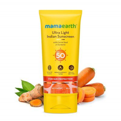 Mamaearth Ultra Light Indian Sunscreen with Carrot Seed & Turmeric | SPF 50 PA ++++ | 80 g