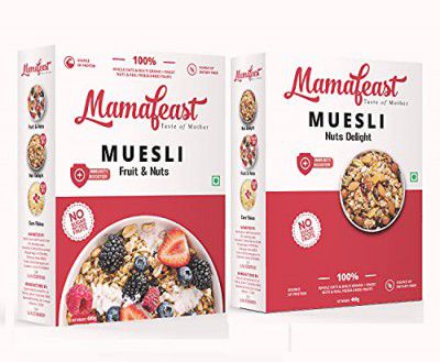 Mamafeast Muesli Nuts Delight And Fruit & Nuts Pack Of 400G Each Breakfast Cereal Whole Oats Grain With Finest Nuts Raisins Freeze Dried Fruits Cholesterol-Free High In Iron And Fibre No Added Sugar C
