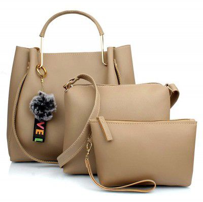 Mammon Women's Handbag With Sling Bag & Wristlet (Set of 3) (3LR-BIB-Cream_Cream)