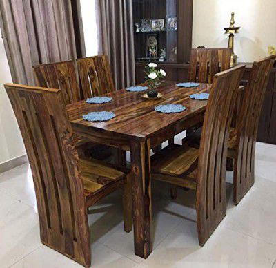 Mamta Decoration Sheesham Wood Six Seater Dining Table Set for Home - Honey Teak Brown