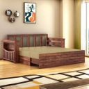 MAMTA DECORATION Solid Sheesham Wood 3 Seater Sofa Cum Bed With Drawer and Side Pocket Storage | Wooden Italian Bed With Headboard | Multipurpose Sofa Furniture for Home and Living Room (Honey Finish)...