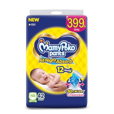 MamyPoko Pants All Night Absorb Baby Diapers, New Born/X-Small (NB/XS), 42 Count, Upto 5kg