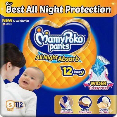 Mamypoko pants All night absorb| Pant Style Baby Diapers Small Size(S), 112 Count (Pack of 2)