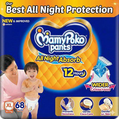 Mamypoko pants All night absorb| Pant Style Baby Diapers X- Large Size(XL), 68 Count, Ideal for 12-17Kgs| (Pack of 2)