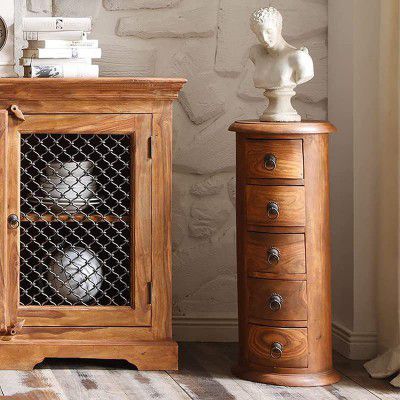 MANAK IMPEX Takhat Round Chest of 5 Drawers | Storage Unit | Storage Box Solid Sheesham Wood | Polished in Honey Finish | Ideal for Hallway, Living Room & Bedroom