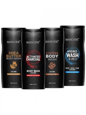 MANCODE Men Set of 4 Shea Butter, Charcoal, Coffee & Hydro (3 In 1) Body Wash, 450ml