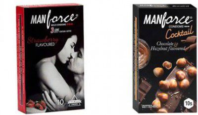 MANFORCE 3 in 1 Wild Ribbed Contour Dotted Strawberry Flavor Condoms - 10 Pieces & Cocktail Condoms with Dotted-Rings, Hazelnut & Chocolate Flavoured- 10 Pieces Condom  (Set of 2, 20 Sheets)