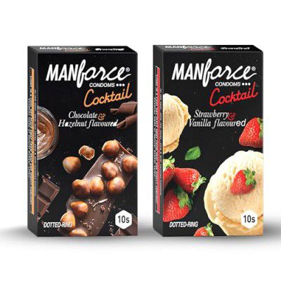 Manforce Cocktail Combo Pack - Strawberry & Vanilla and Chocolate & Hazelnut Extra Dotted Condoms | 20 pcs | India’s No. 1* Condom Brand for Safe Sex