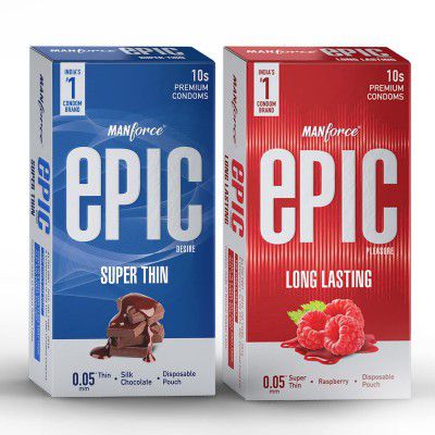 Manforce Epic Flavoured Condoms For Men (Desire Super Thin Silk Chocolate & Pleasure Long Lasting), 2x10s (Pack of 2)