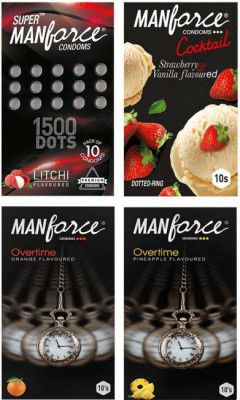 MANFORCE Fruit Basket Combo Pack (3in1 Overtime Orange, 3in1 Overtime Pineapple, Extra Dotted Litchi & Cocktail Strawberry + Vanilla with Dotted Rings) - 40 Pieces (Pack of 4) Condom  (Set of 4, 40 Sh