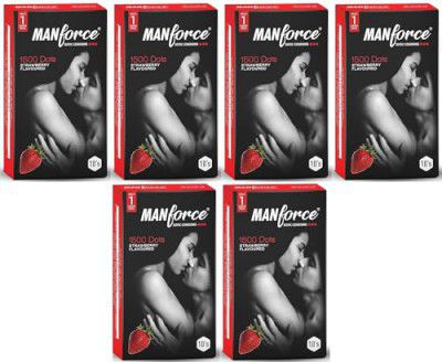 Manforce Xotic Strawberry Flavoured Extra Dotted Condoms for Men | Extra Dotted for Her Extra Stimulation| Lubricated Latex Condoms | 10 pcs x Pack of 6