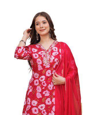 MANHAREE | Women's Rayon Printed Straight Kurta with Pant & Dupatta Set