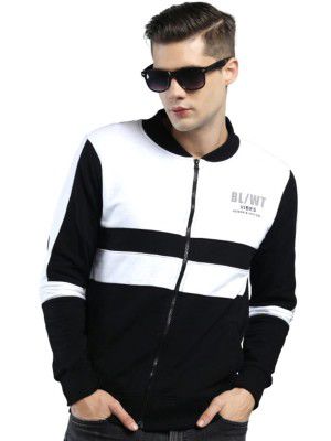 Maniac Men's Color Block Round Neck Full Sleeve Black, White Cotton Zip Jacket