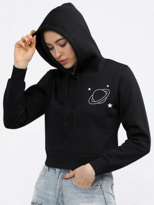 MANIAC Women Printed Hooded Neck Pure Cotton Black T-Shirt