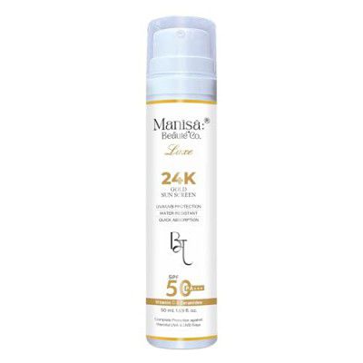 Manisa Beaute Co. Luxe 24K Gold Sunscreen with SPF 50+ PA+++ | Vitamin C & Ceramides | No White Cast | Water Resistant | 50 ml