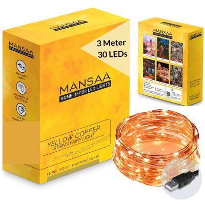 MANSAA USB String Lights for Decoration 3M 30 LED USB Powered, Made in India, Yellow LED Light