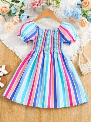 MANSICREATION  Girls Midi/Knee Length Casual Dress  (Blue, Short Sleeve)