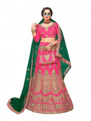 MANVAA Womens Satin Lehenga Choli (BMBBGM1004_Pink_Free Size)