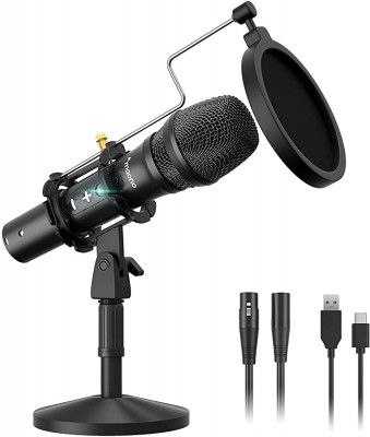 MAONO AU-HD300T USB/XLR Dynamic Mic for Singing PC YouTube Recording Professional Microphone with 0-Latency Monitoring Volume Control Adjustable Mic Stand Shock Mount and Pop Filter Black