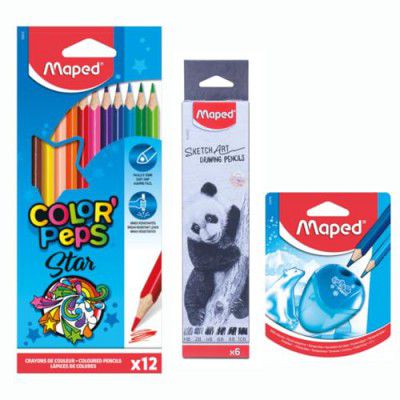 MAPED Colouring Kit | Vibrant Colour PencilX - 12pc | Sketching Pencils set of 6pcs | 2Hole Sharpener | Rich colours| Ideal set for Shading, Drawing and colouring