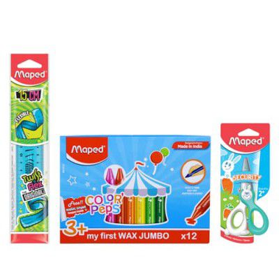 MAPED School Kit-14 Pcs | Premium Wax Jumbo Crayons | Plastic Safety 12cm Kidi Cut Scissor for Paper Cutting|15 cm Twist & Flex Ruler|Ideal for School Students|Perfect Value Pack|Art Set|Birthday Gift