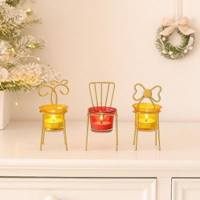 MARKET 99 Chair T-Lite Votive Holder Set of 3 – Assorted Miniature Metal Chairs, Multi-Color Glossy Finish | Perfect Xmas & Christmas Décor Candle Holders for Home & Festival Use