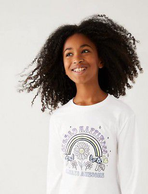 Marks & Spencer Girls Slogan Printed Cotton Round Neck Regular Fit Top