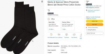 Marks & Spencer Mens Polyamide Blend 3pk Modal Pima Cotton Socks